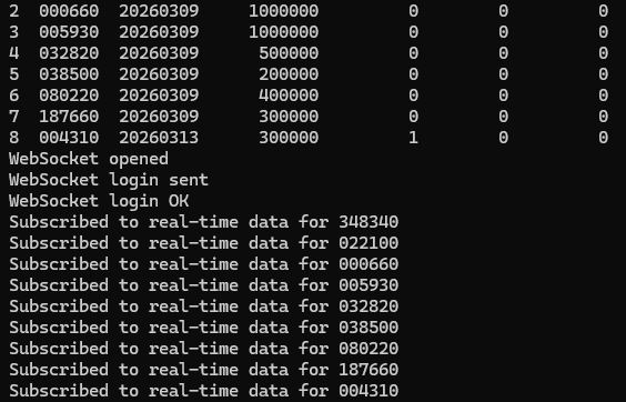 실행 결과 - WebSocket 연결 성공 및 종목별 실시간 데이터 구독 확인